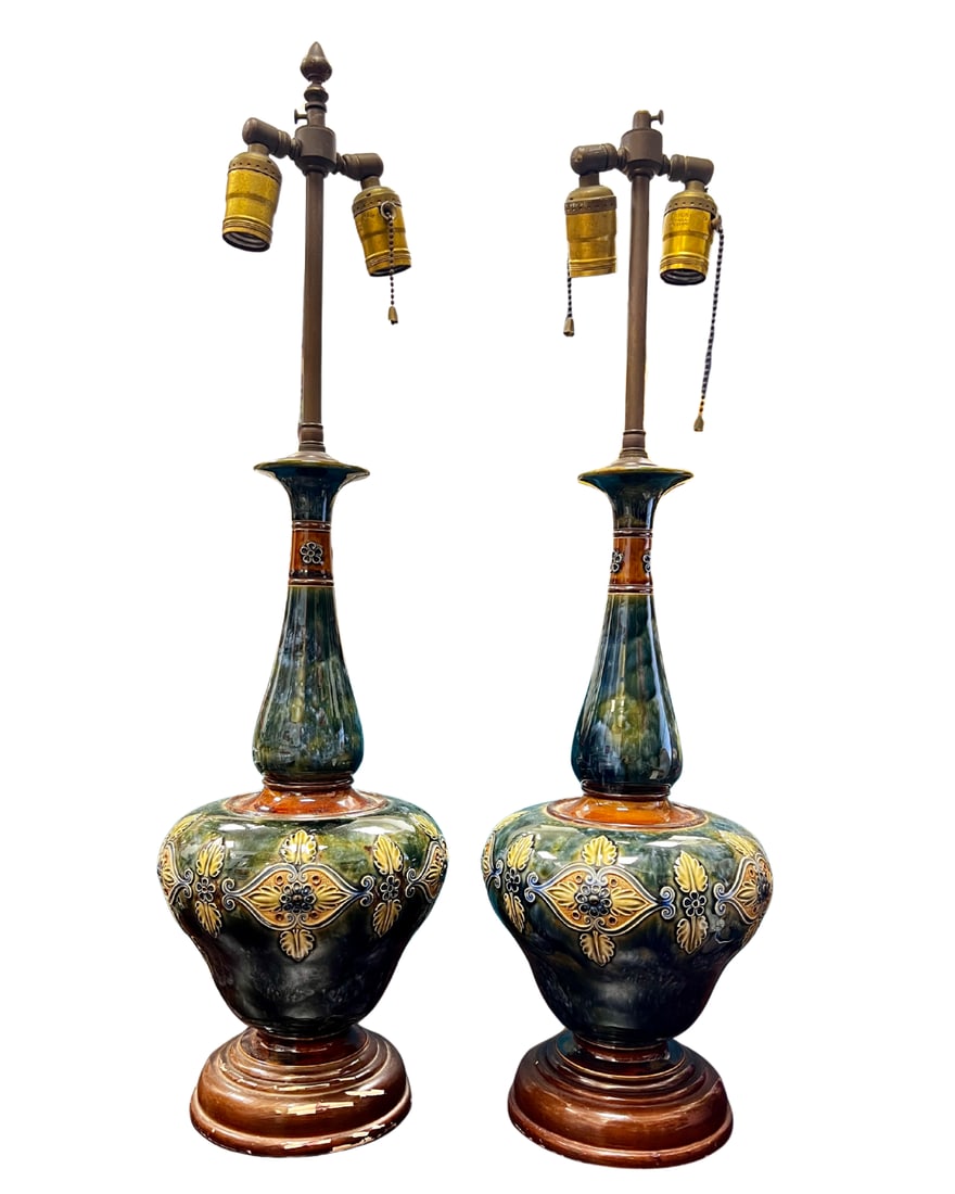 Pair of Edwardian Royal Doulton Lambeth Stoneware Lamps (1 of 6)