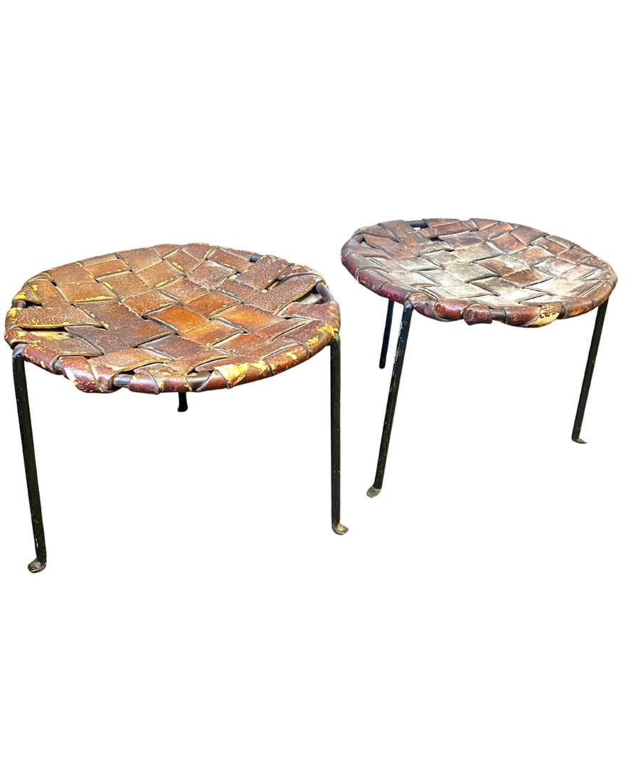 Rare Wrought Iron and Woven Leather Round Stools by Swift & Monell (1 of 6)