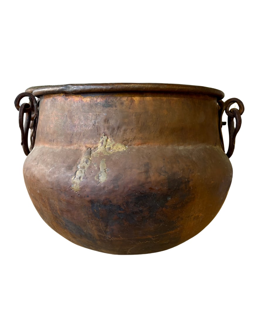 Large Antique Copper Cauldron with Wrought Iron Handles. (1 of 6)