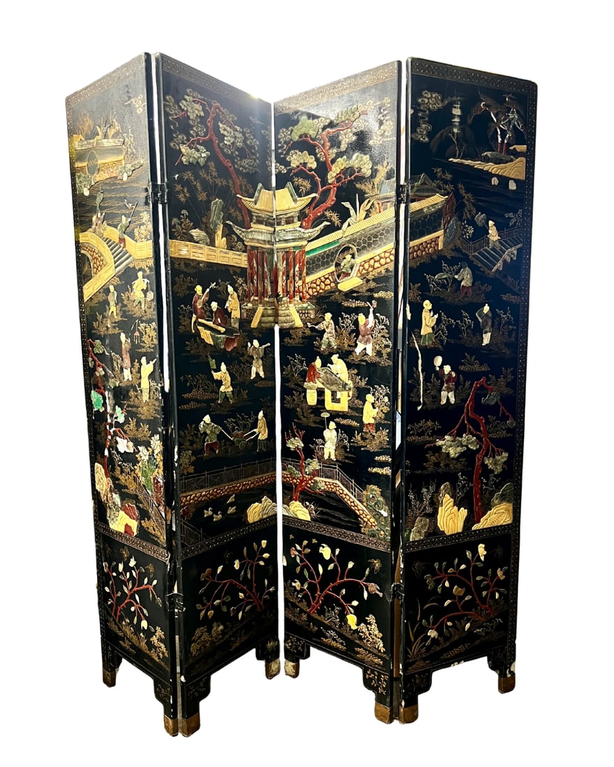 Antique Chinese 4 Panel Hardstone Screen (1 of 7)