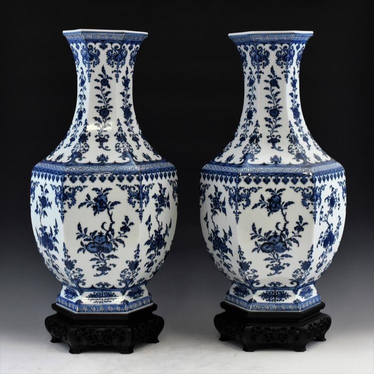 PAIR OF BLUE AND WHITE THREE ABUNDANT HEXAGONAL VASES