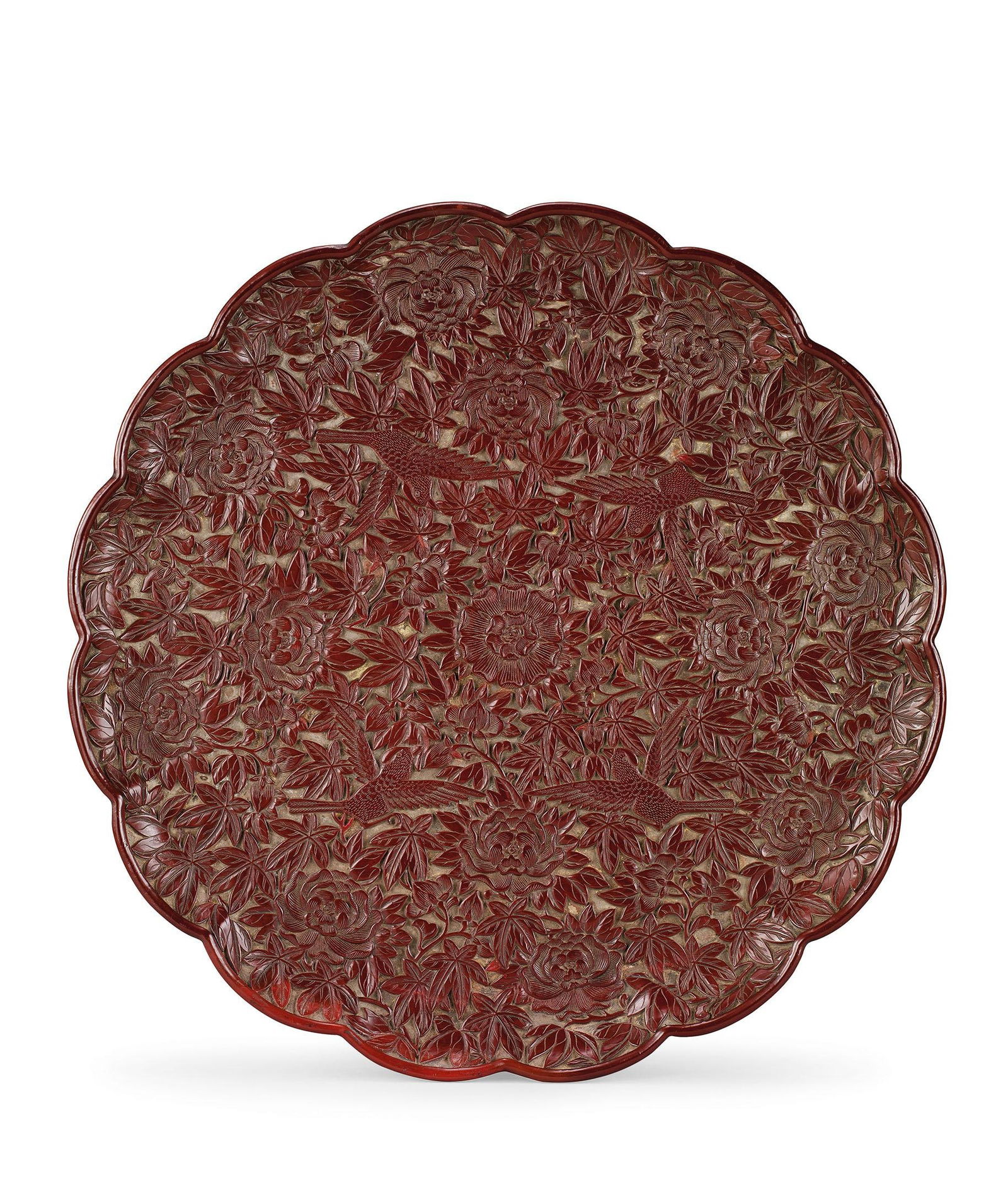 An Exceptionally Carved Cinnabar Lacquer 'Bird and Flower' Mallow-Form Dish, 18th Century (1 of 1)