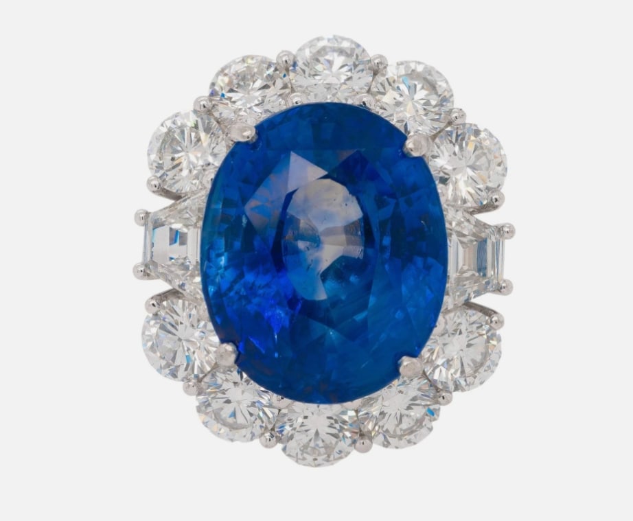 Platinum GIA Certified Sapphire and Diamond Ring: US $89,995.00MaterialPlatinumGemstone DetailsThis ring features one Natural Oval Sapphire that is approximately 18.28 carats.Diamond DetailsThis ring features approximately 4.01 carats of Natural Roun