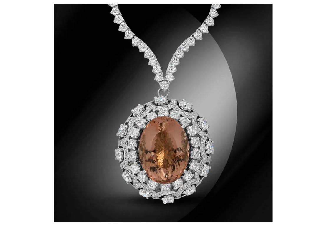 14K Gold 18.50cts Morganite & 11.80cts Diamond Necklace GIA certification (1 of 1)