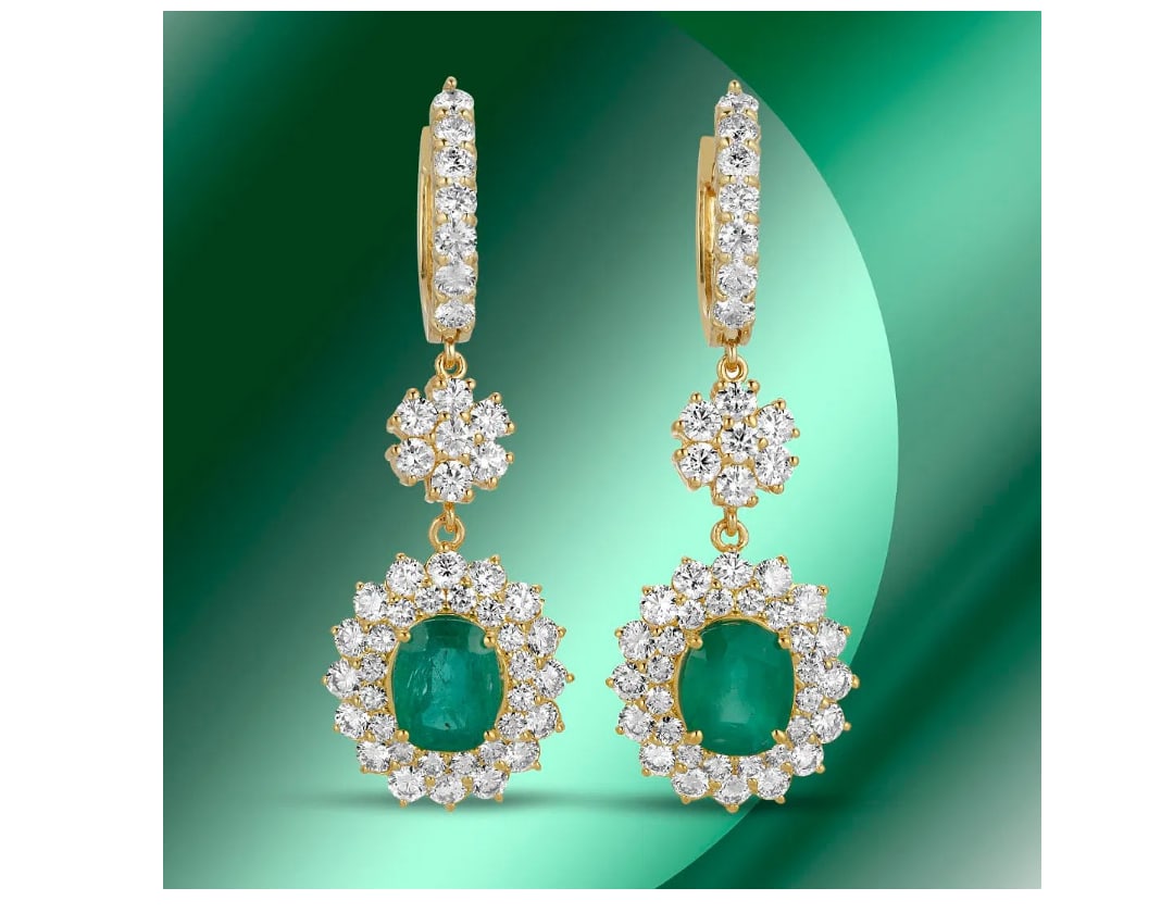 14K Gold 5.84cts Emerald & 7.02cts Diamond Earrings GIA certification: Retail: $38,917***** 14K Gold 5.84cts Emerald & 7.02cts Diamond Earrings****** Metal: 14K Yellow Gold/ Total Wt.: 14.8g/ Country Made USA// Main Stone: Emerald / Carat Total Wt: 5.84cts / Treatment: N