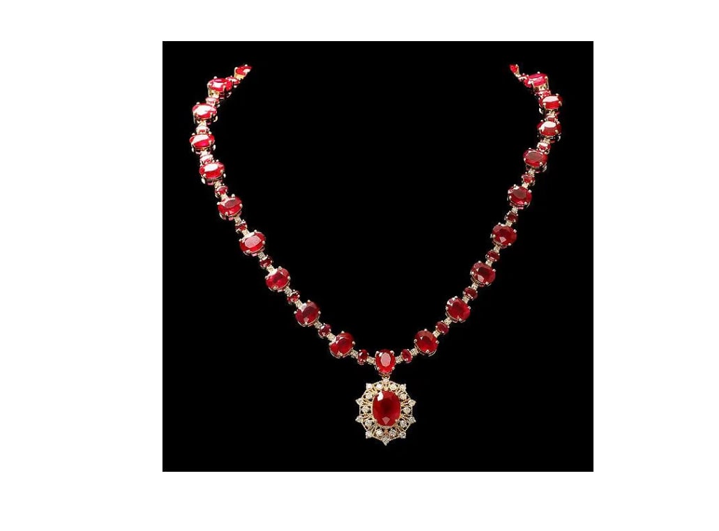 14k Yellow Gold 80ct Ruby 3.00ct Diamond Necklace GIA certification (1 of 1)