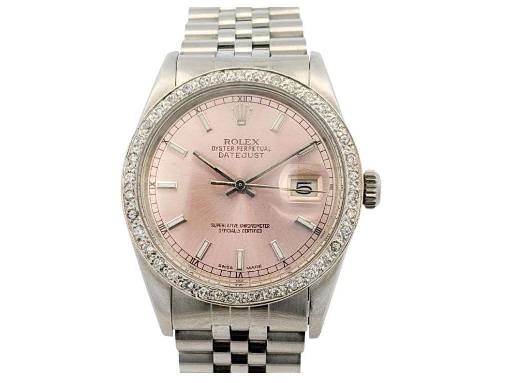 Rolex 16014 Datejust Stainless Steel Aftermarket Pink Diamond Dial Bezel Watch (1 of 13)