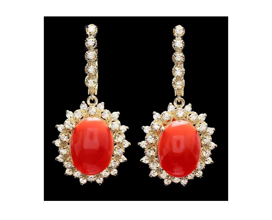 GIA certification 14k Gold 10.50ct Coral 2ct Diamond Earrings (1 of 1)