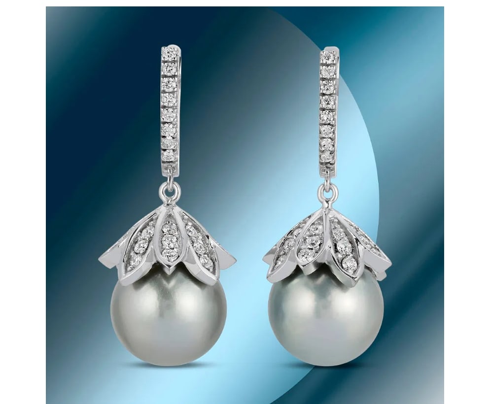 14K Gold 14mm Tahitian Pearl & 2.35cts Diamond Earrings GIA certification: 14K Gold 14mm Tahitian Pearl & 2.35cts Diamond Earrings GIA certification
