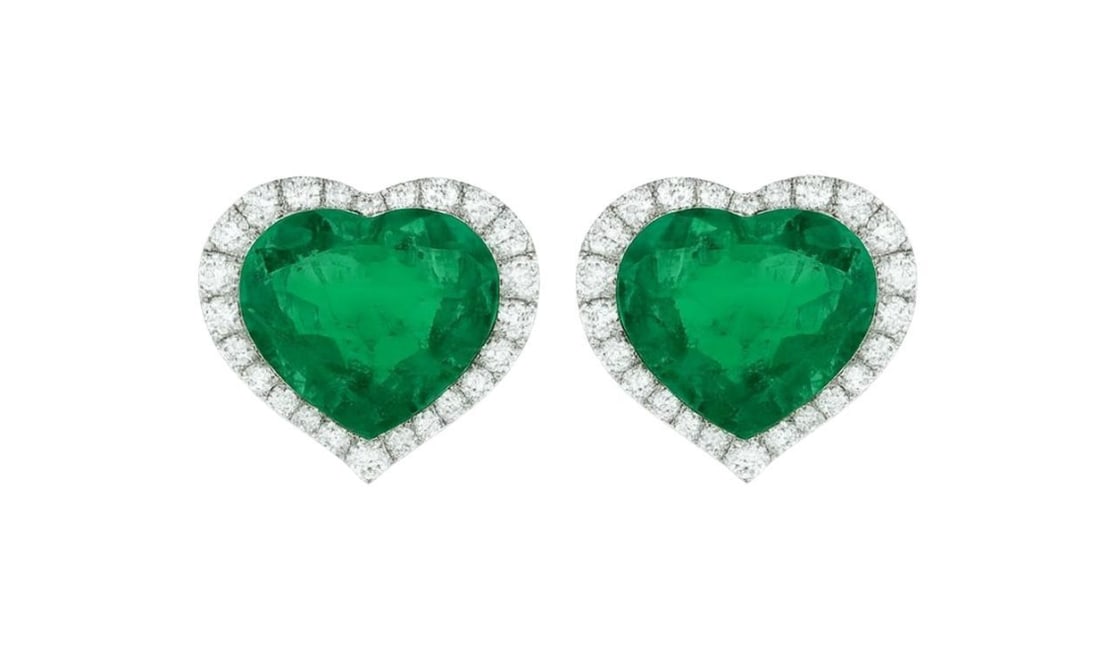 GIA Certified 21 Carat Total Heart Shape Emerald and Diamond Earrings (1 of 1)