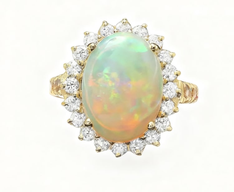 14k Yellow Gold 5.00ct Opal 1.35ct Diamond Ring GIA certification: 14k Yellow Gold 5.00ct Opal 1.35ct Diamond Ring GIA certification