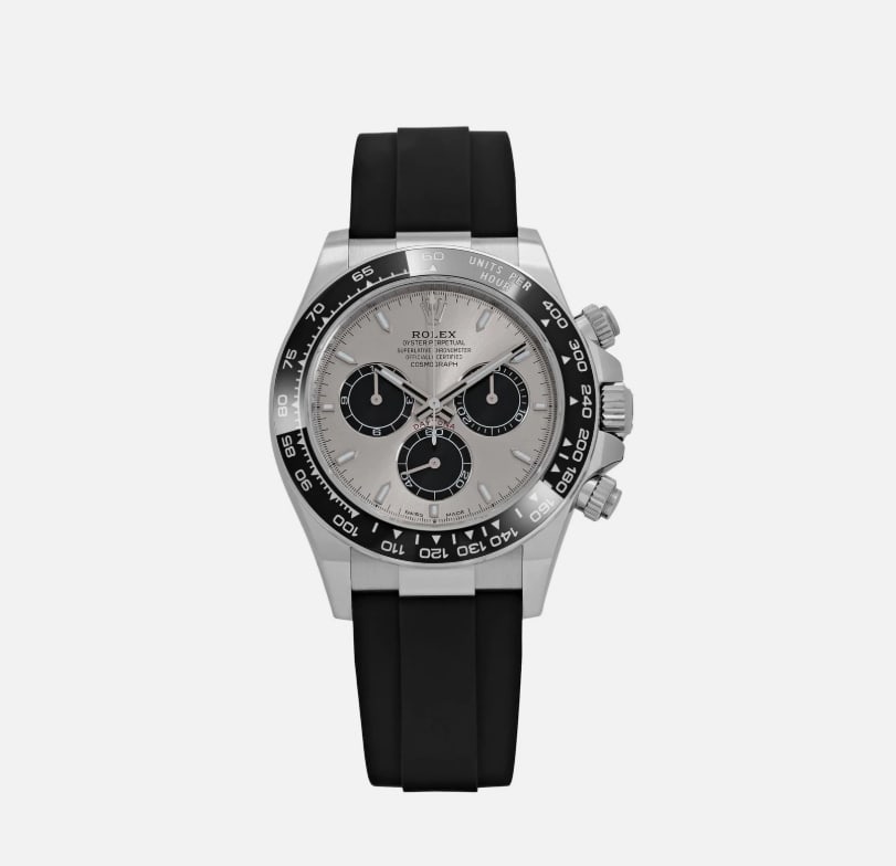 Rolex Daytona 126519LN 'Ghost' White Gold Steel and Bright Black Dial (2025): The Rolex 126519LN 'Ghost' is a sleek and contemporary take on the iconic chronograph, crafted in 18k white gold with a steel and bright black dial that shifts tone subtly in the light. The 40mm case