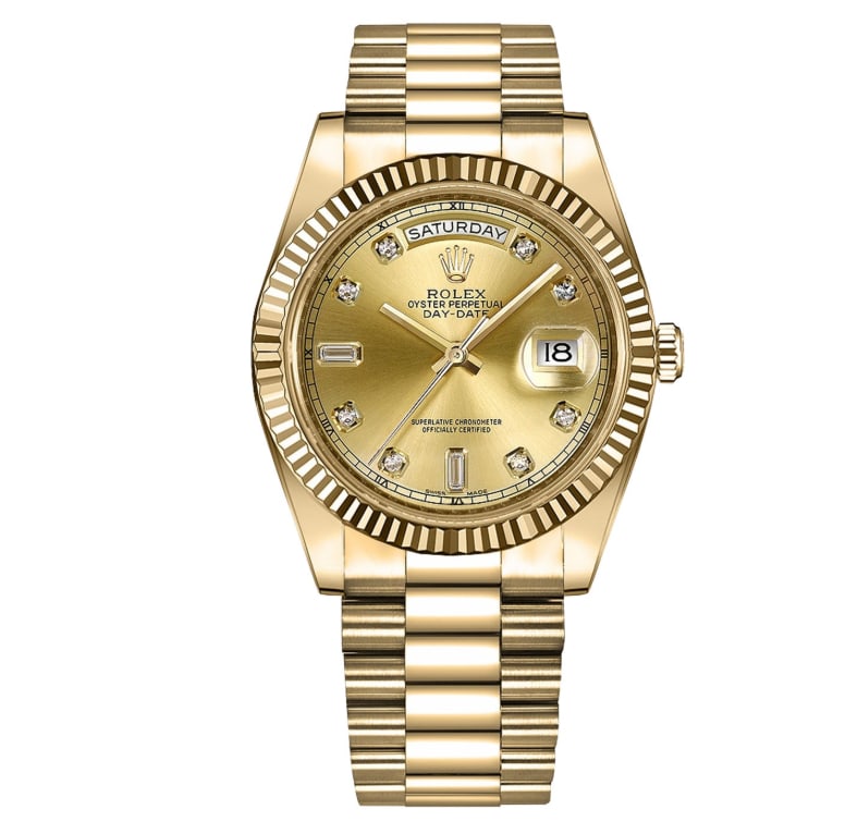 Rolex Day-Date II Yellow Gold Fluted Bezel Champagne Diamond Dial Watch 218238 (1 of 10)
