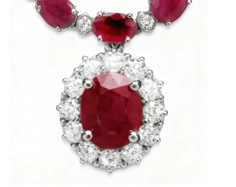 14k White Gold 32ct Ruby 2.50ct Diamond Necklace GIA certification: 14k White Gold 32ct Ruby 2.50ct Diamond Necklace GIA certification