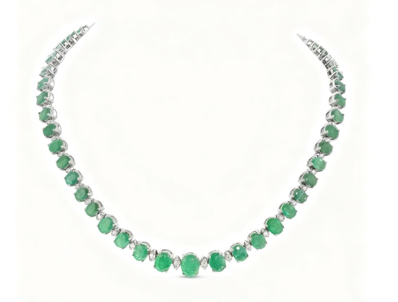 GIA Certified 14K Gold 52.41cts Emerald & 1.80cts Diamond Necklace: GIA Certified 14K Gold 52.41cts Emerald & 1.80cts Diamond Necklace