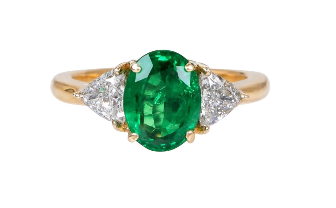 18K Yellow Gold Oval Emerald and Trilliant Diamond Cocktail Ring GIA Certified (1 of 1)