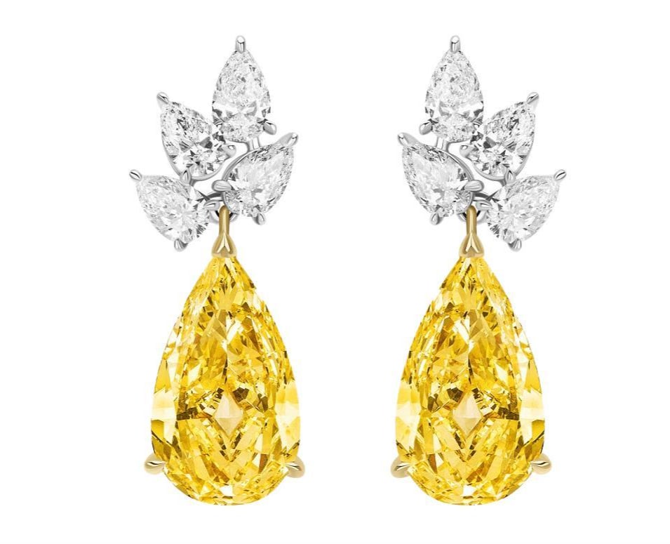 GIA certified Yellow and White Pear Shape Diamond Cluster Dangle Earrings (1 of 1)