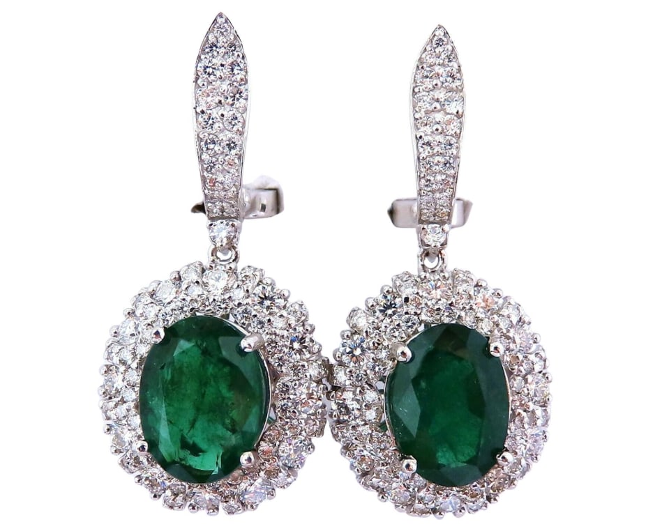 8.35ct Natural Oval Emeralds Diamond Dangle Earrings 18kt Halo Cluster (1 of 1)