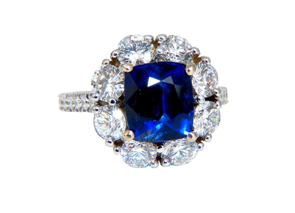 GIA Certified 5.48 Carat Natural No Heat Royal Blue Sapphire Ring Halo Prime: GIA Certified 5.48 Carat Natural No Heat Royal Blue Sapphire Ring Halo Prime