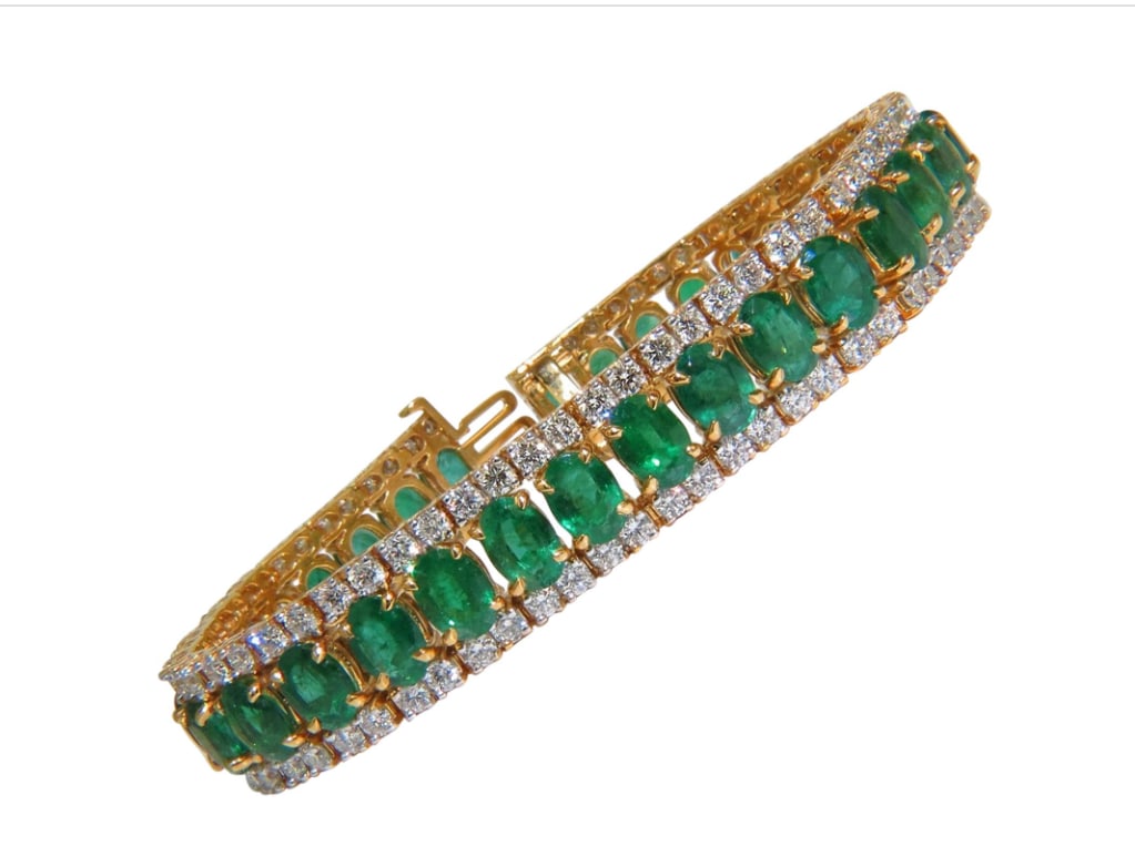 27.65 Carat Natural Vivid Green Emerald Diamond Bracelet F/VS 14 Karat Multirow (1 of 1)