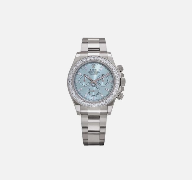 Rolex Daytona 126576TBR Platinum Ice Blue Diamond Dial Diamond Bezel-: Rolex Daytona 126576TBR Platinum Ice Blue Diamond Dial Diamond Bezel-The Rolex 126576TBR represents the apex of the brand’s platinum chronograph offerings. Crafted entirely from platinum, this refer