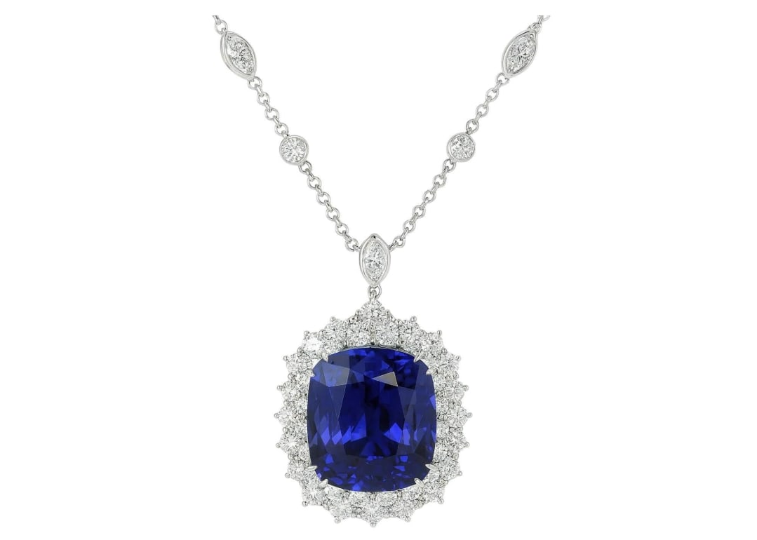 Magnificent Tiffany & Co. 22 Carat Natural Blue Sapphire and Diamond Necklace: Magnificent Tiffany & Co. 22 Carat Natural Blue Sapphire and Diamond NecklaceAn extraordinary Tiffany & Co. creation featuring a magnificent natural cushion-cut blue sapphire weighing 22 carats and me
