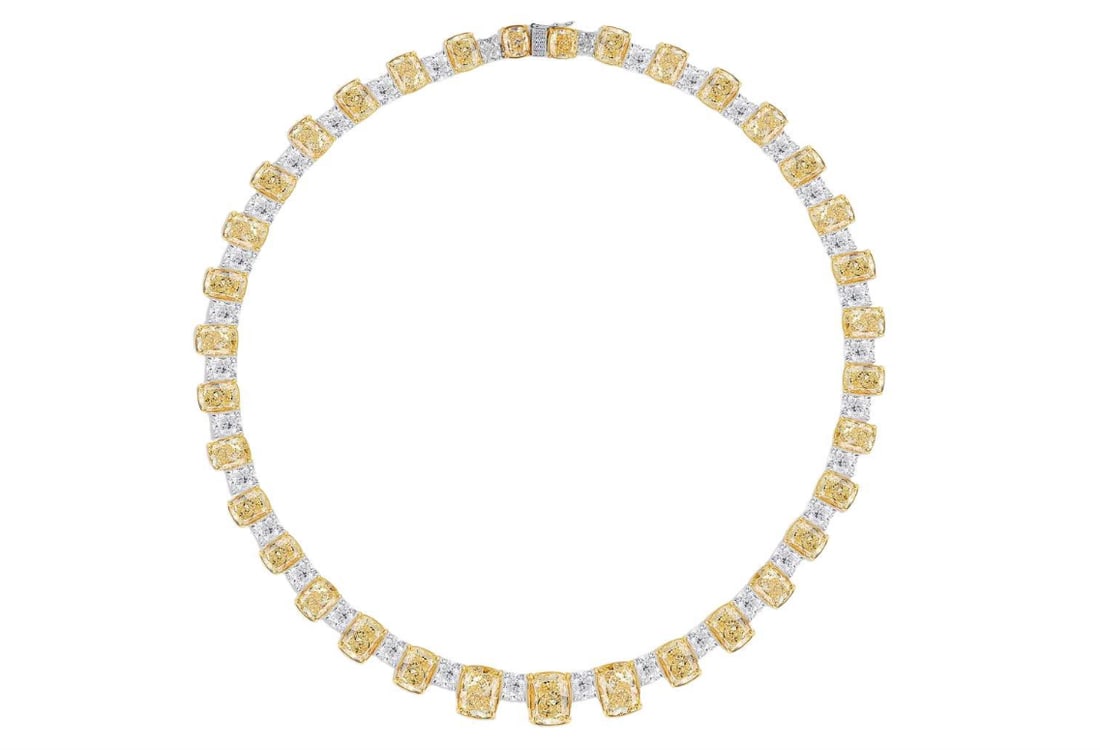 LEGACY 75 Carat GIA Fancy Yellow Cushion Cut Diamonds Heritage Creation: LEGACY 75 Carat GIA Fancy Yellow Cushion Cut Diamonds Heritage CreationThis is not just a necklace — it is a stream of light, crafted to glow with quiet confidence and radiant grace.The LEGACY 75 Ca