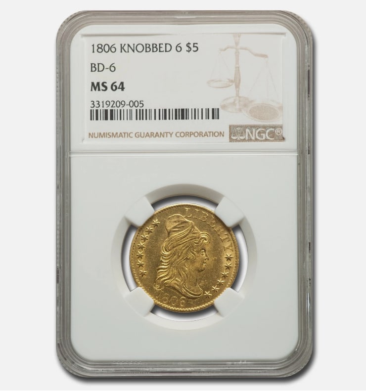 1806 $5 Capped Bust Gold Half Eagle Knobbed 6 MS-64 NGC (BD-6) (1 of 1)