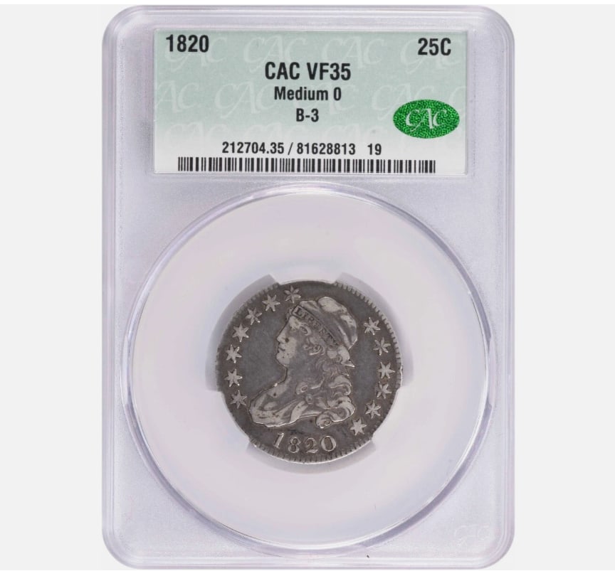 1820 Bust Silver Quarter Medium 0 VF35 CACG: 1820 Bust Silver Quarter Medium 0 VF35 CACG