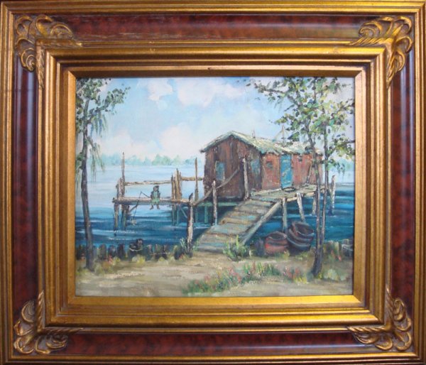 Helen Hafer Plein Air Oil on Board Painting: Child fishing on dock. Laguna Beach School C 1940-1960. Hafer was a painter of California landscapes and still life works. She studied at the Laguna Beach Art School, Mexico Art School, and Chouinards