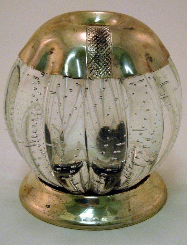 Antique Sterling Silver and Crystal Candlestick Ho: Antique Sterling Silver and Crystal Candlestick Holder. Nice bubbled glass with a sterling silver top and base. Stamped makers mark RC 925 along with the British Hallmark. Measures 4" in width and sta