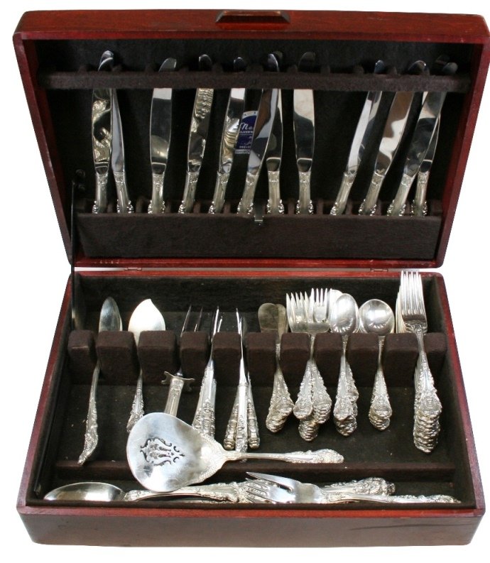 Westmorland Milburn Rose Silverware Set: Westmorland Milburn Rose Silverware Set. Comes in silverware chest. All sterling silver. (8) Serving utensils. (8) Knives. (8) Large forks. (8) Small forks. (5) Butter knives. (8) Bowl/gumbo spoons. (