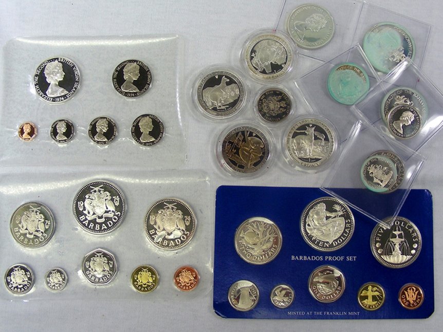 Lot of 5 Silver Coin Sets, Caribbean and Isle of Man: Five groups of world coins in one lot: 1974 Barbados 8-coin proof set; 1975 Barbados 8-coin proof set; 1974 British Virgin Islands 7-coin proof set; 1974 Bahamas 7-coin proof set, but heavily corroded