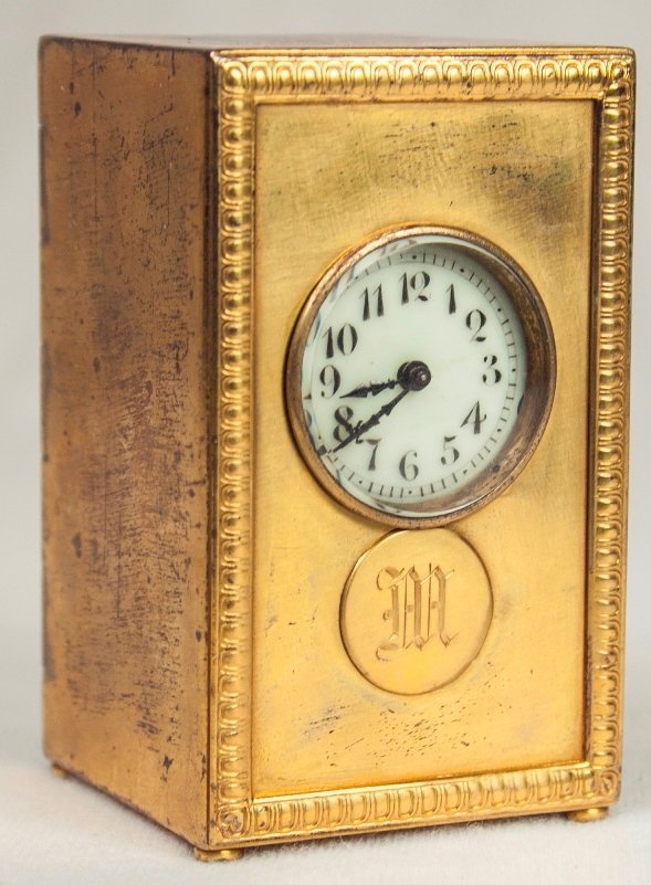 Antique Clock G. Keller Paris: Small antique clock stamped "G. Keller Paris." Monogramed "M" on front and top of clock. In good working condition. Has been professionally serviced. 2.75" high x 1.62" across X 1.25" deep. Some of th
