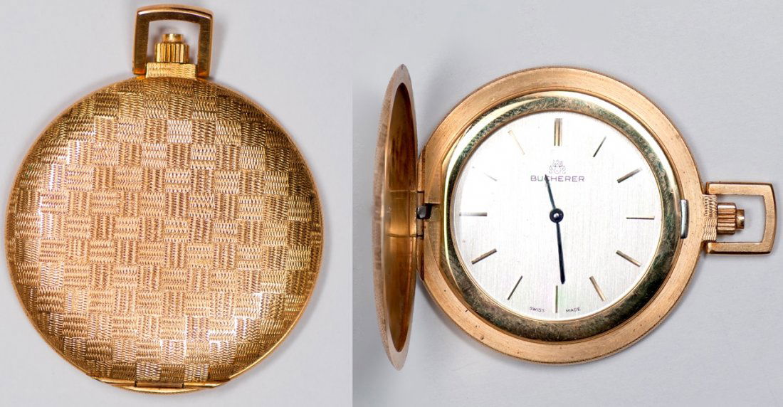 Swiss-Made 18K Bucherer Pocket Watch: 18K Swiss-made Pocketwatch. Pocketwatch is operated by hand-winding. The length is 2 inches. Total weight is 1.39 troy ounces.