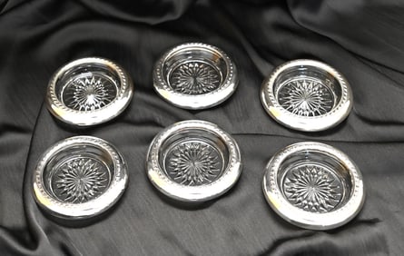 Set of 6 Sterling Silver & Glass Coasters