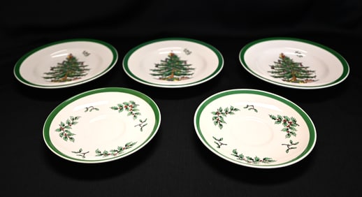 Spode Christmas Tree Plates & Saucers, Lot of 5, Made in England