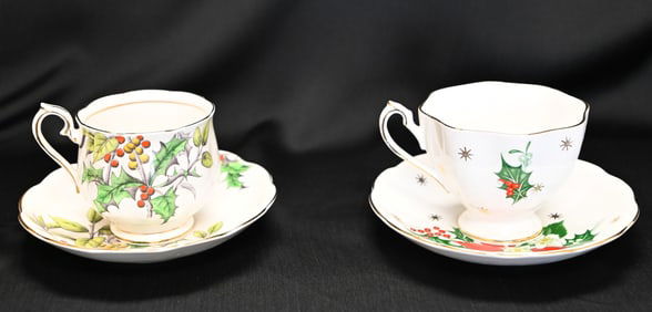 Lot of 2 English Bone China Christmas Teacup Sets: Royal Albert & Queen Anne