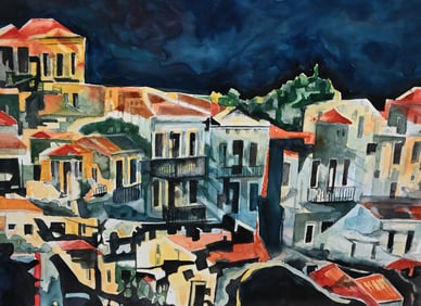 Mary Wyatt Modernist Watercolor, European Harbor Scene