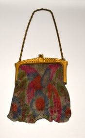 1920s Whiting & Davis Art Deco Enameled Mesh Purse with Original Tag & Mirror in Jeweler's Box