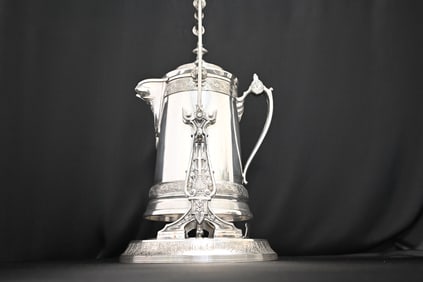 Antique Victorian Tilting Silver Plated Ice Water Pitcher Set by Reed & Barton, Circa 1860s-1870s