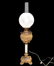 Antique B&H (Bradley & Hubbard) Bronze-Gilt Oil Lamp, Converted to Electric - Marked "Applied For