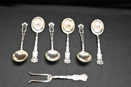 Antique Watson Sterling Silver Flatware, St. Louis Pattern, 7 Pieces (6 Spoons, 1 Fork), Monogrammed