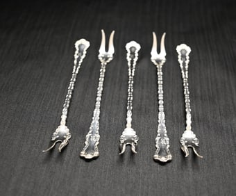 Antique Set of 5 Watson Sterling Silver Cocktail/Oyster Forks - St. Louis Pattern, Circa 1904,