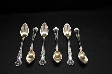 Set of Six Antique Gorham "Cambridge" Sterling Silver & Gold Wash Fruit/Orange Spoons, Pat. 1899