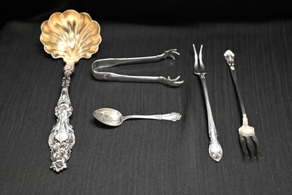 Sterling Silver Serving Pieces Lot: Whiting "Lily" Ladle, Gorham Forks, Souvenir Spoon, and Sugar