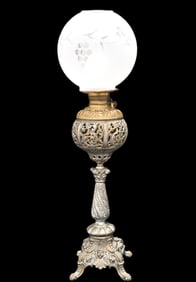 Antique Converted Kerosene/Oil Lamp - Ornate Cast Metal Base & Fount - "MADE IN US OF AMERICA"