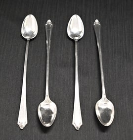Antique Set of Four Sterling Silver Iced Tea / Sundae Spoons, Art Deco Era Pattern, Pat. 1914