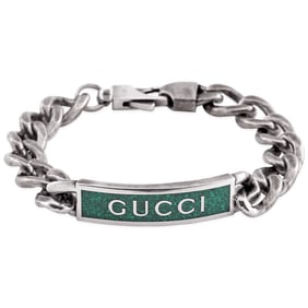 Gucci - Open Box - Green Enamel Station Bracelet, Size 17