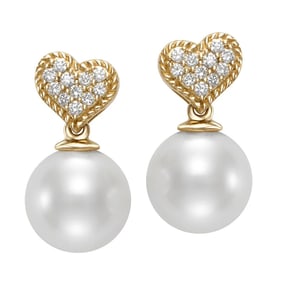 Freshwater Cultured 8-8.5mm Pearl & Diamond 14kt Yellow Gold Heart Earrings
